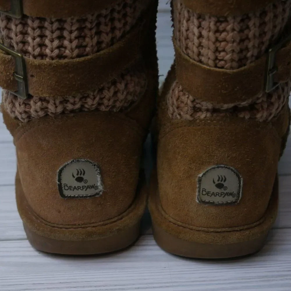 Bearpaw BOSHIE Youth Size 4 Tan Suede Wool Blend Sherpa Lined Mid Calf Boots